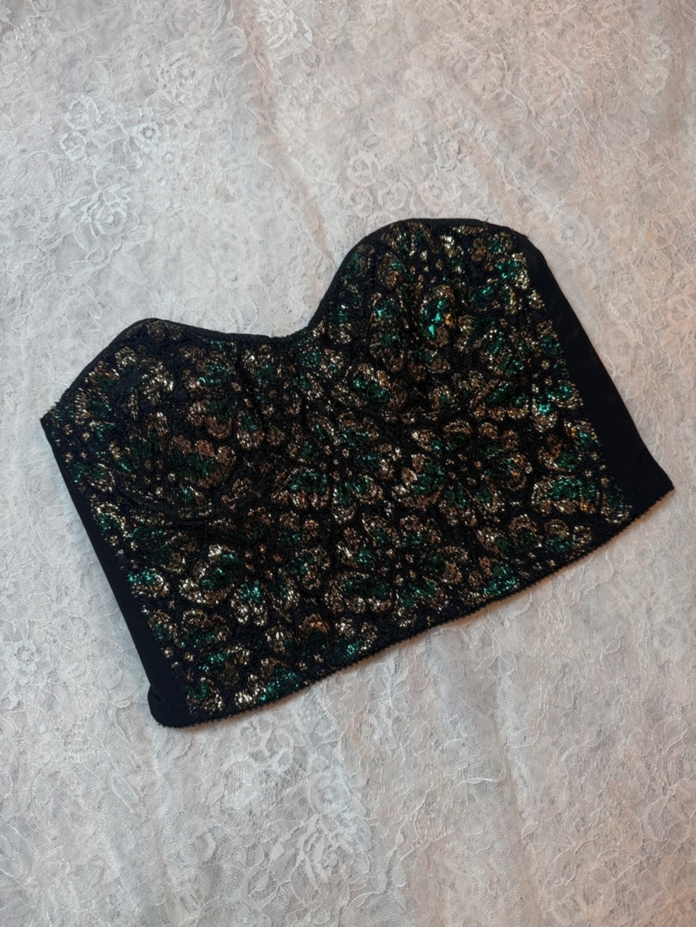 Vintage‎ La Lingerie Metallic Gold Green Black Floral Lace Bustier Corset Top